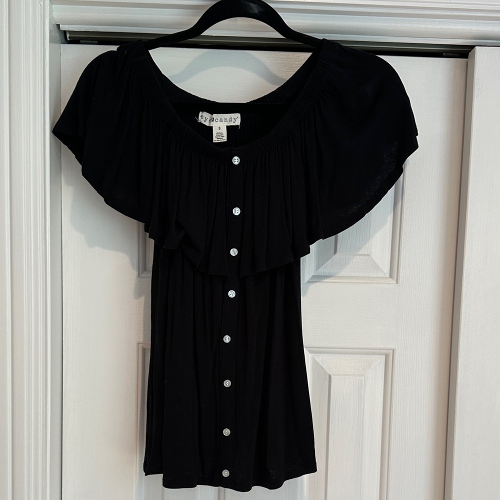 Eye Candy Black Ruffle Button-Down Blouse